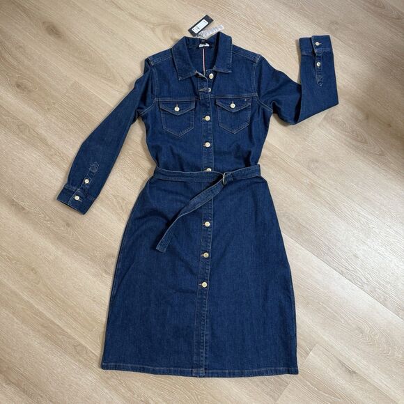 NWT Tommy Hilfiger Women's Denim Button Front Belted Jean Shirt Dress Sz 8 - Picture 1 of 5